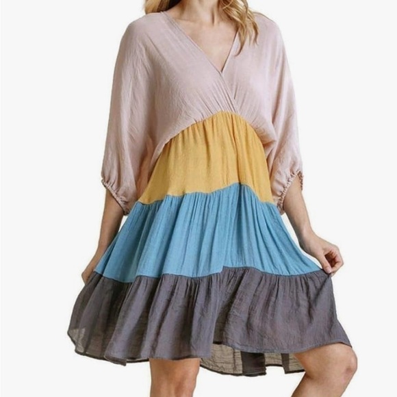 NWT Umgee Color Block Deep V Tied Back Tiered Mini Dress sz L Boho Beachy Gypsy - Picture 2 of 15